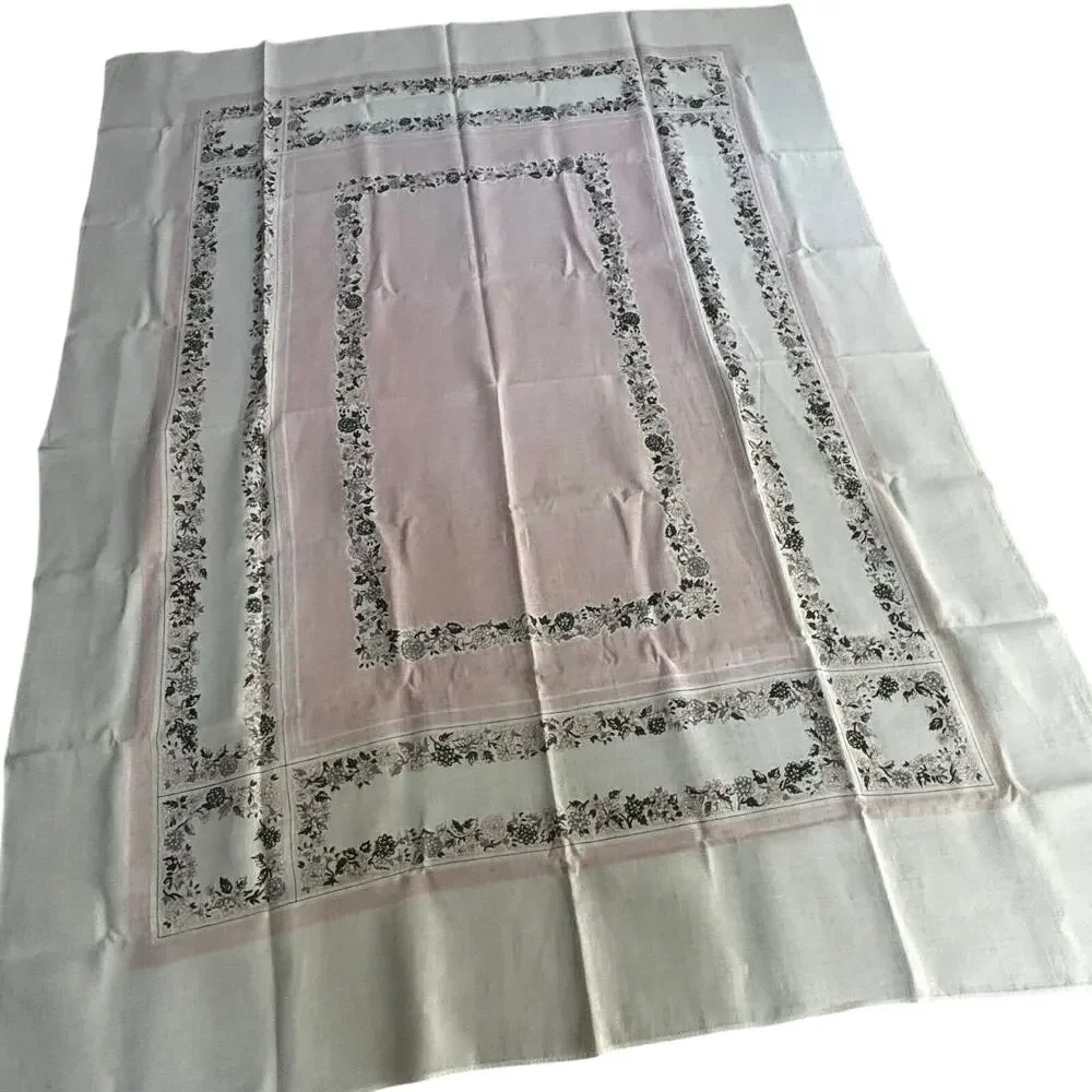 Vintage mid century printed cotton tablecloth 1950’s pink & white floral border